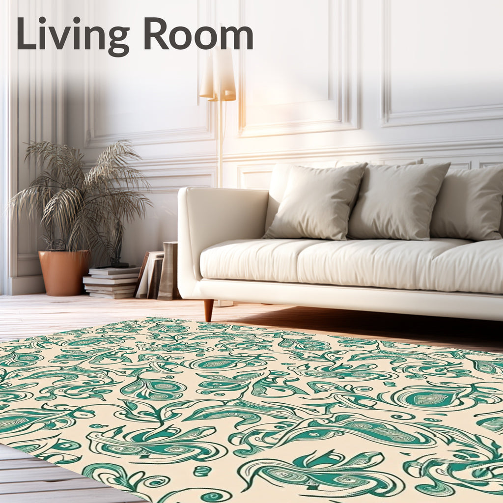 Teal Swirl Vine Cream Background Rug
