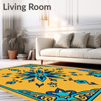 Ornate Teal Floral Medallion Yellow Rug