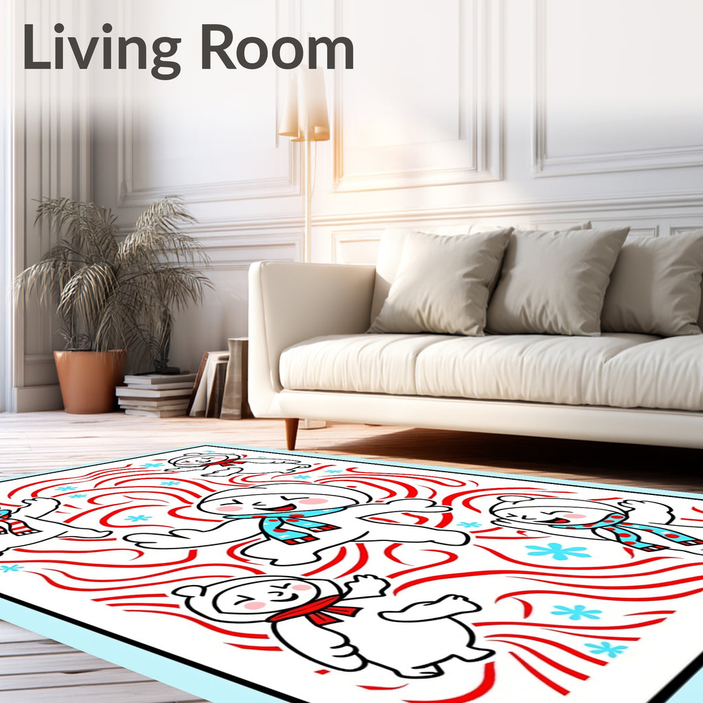 Playful Snowmen Red Swirls Blue Snowflakes Rug