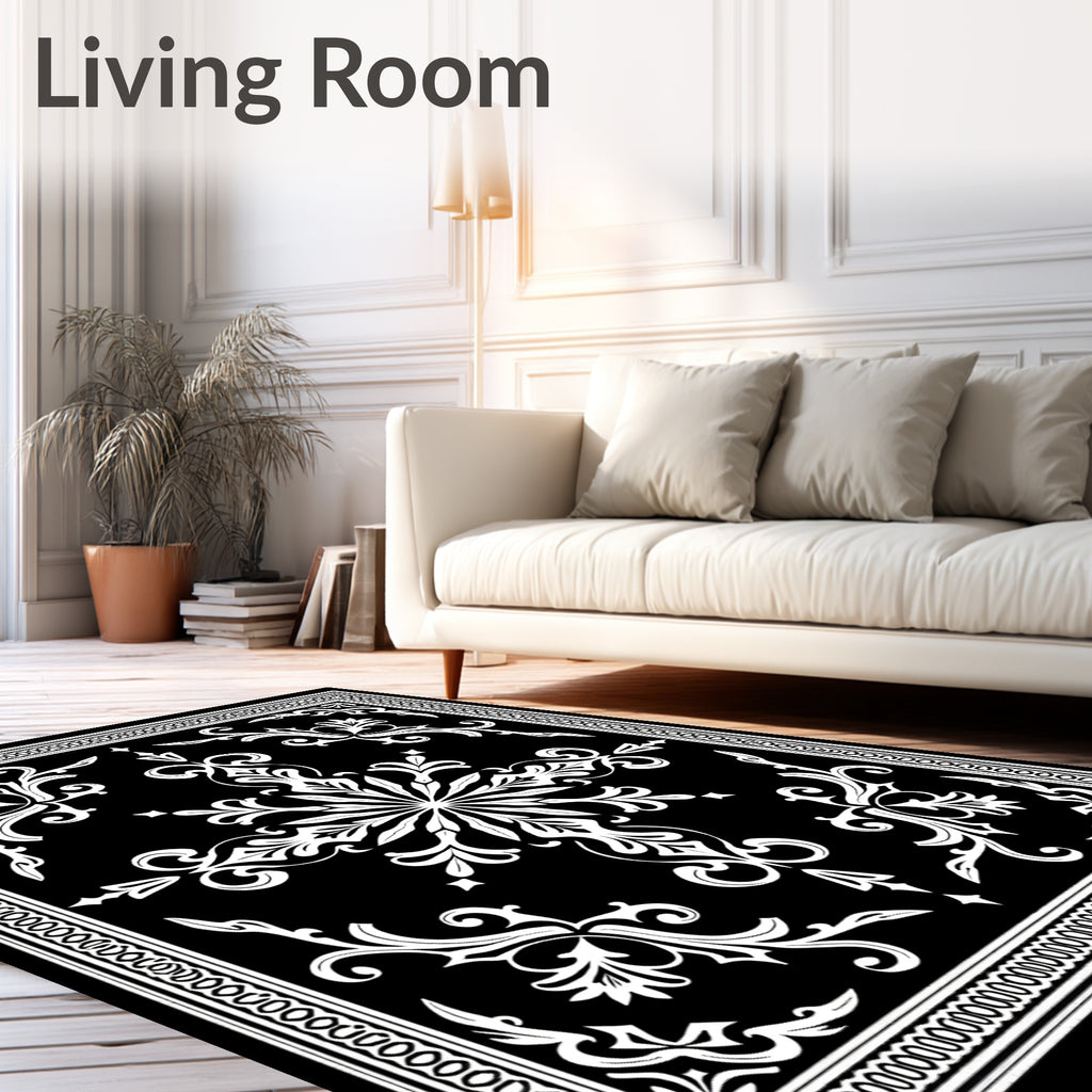 Black White Damask Scrollwork Medallion Rug