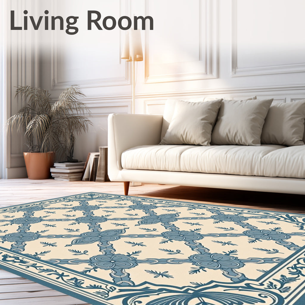 Classic Blue Floral Lattice Border Rug