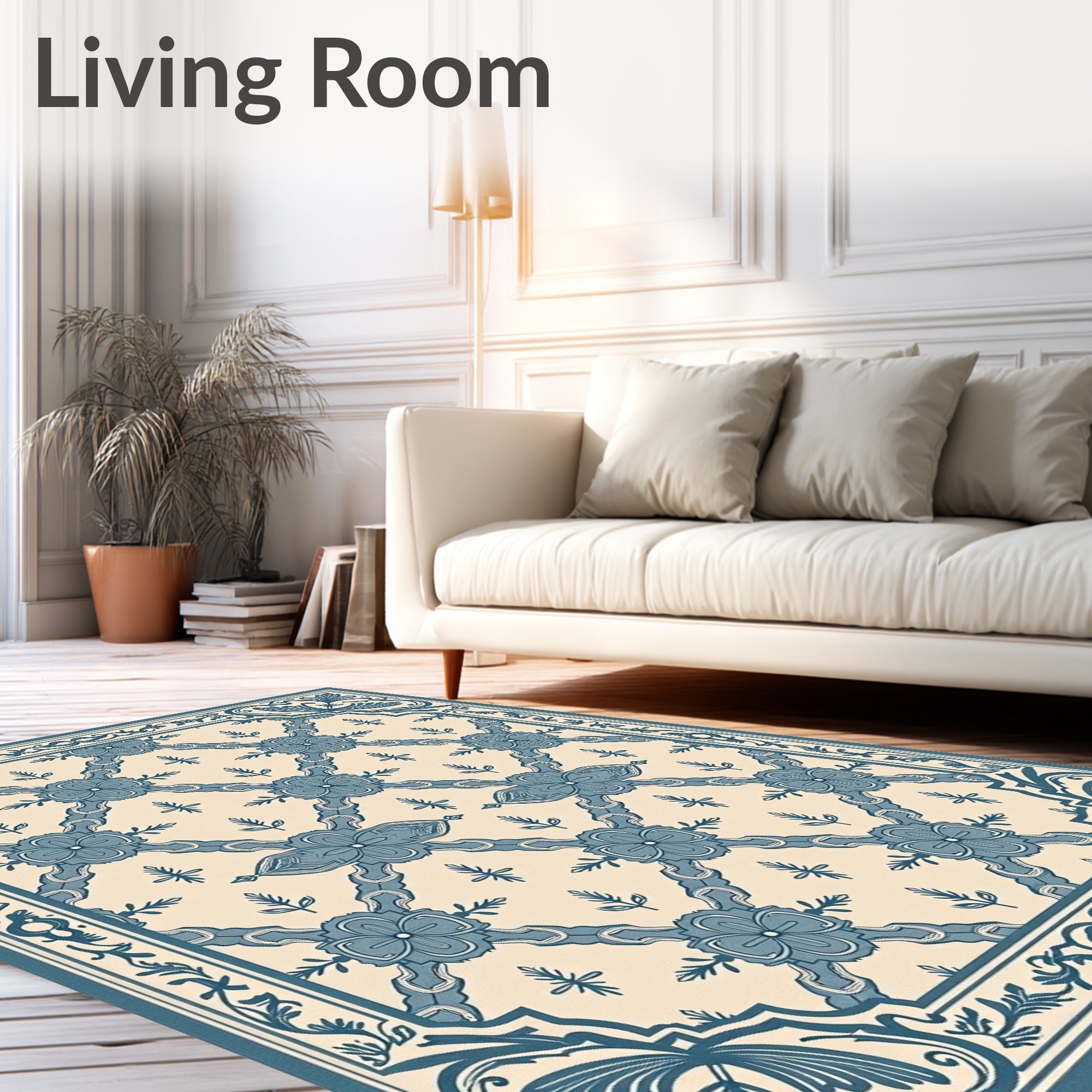Classic Blue Floral Lattice Border Rug