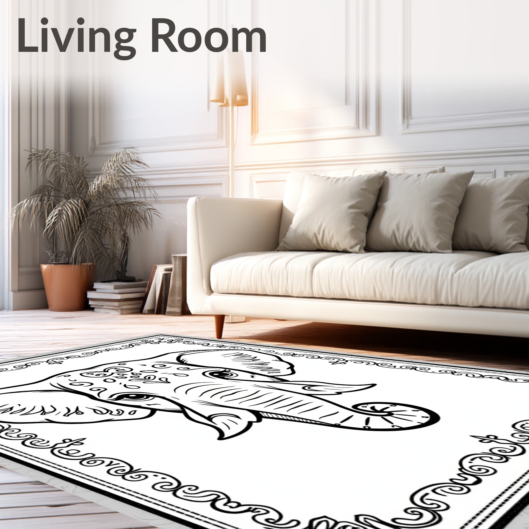 Ornate Elephant Face Black White Rug