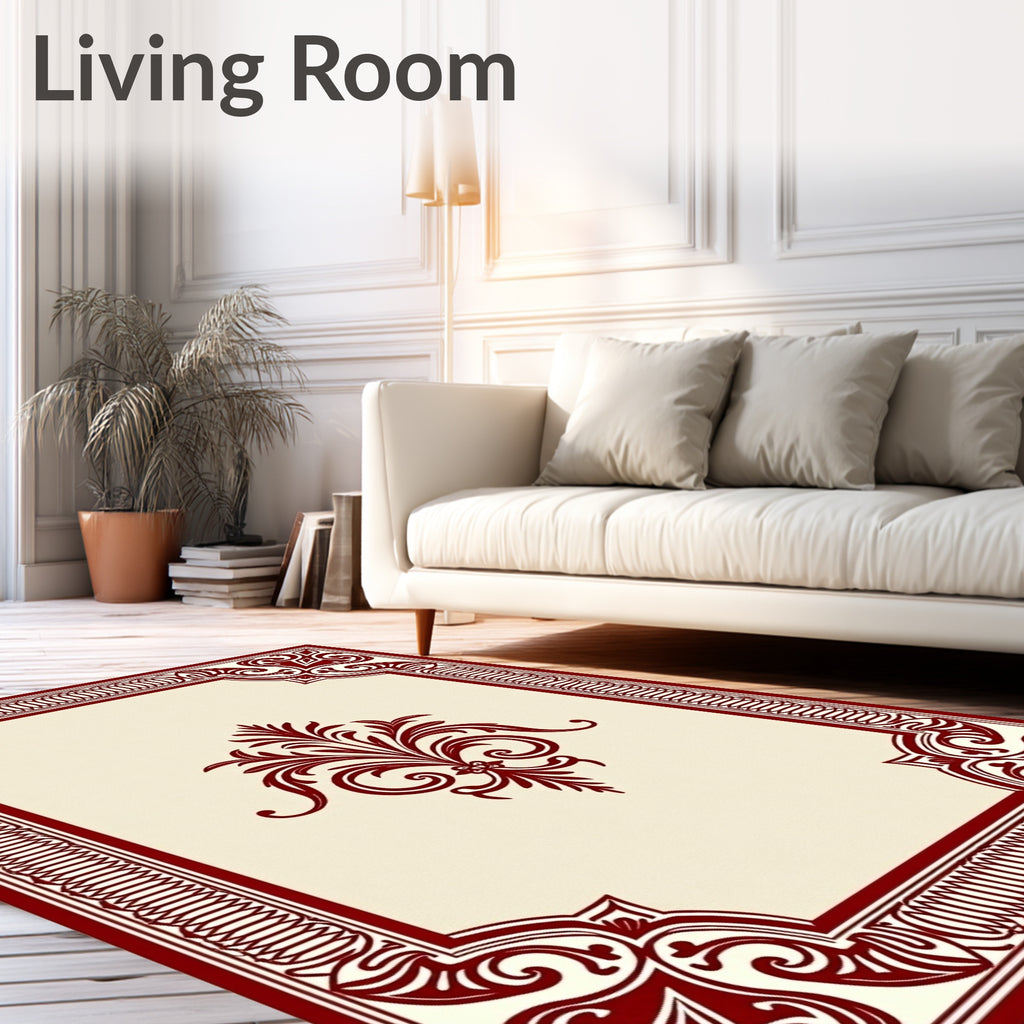 Rich Burgundy Floral Scrolled Frame Rug