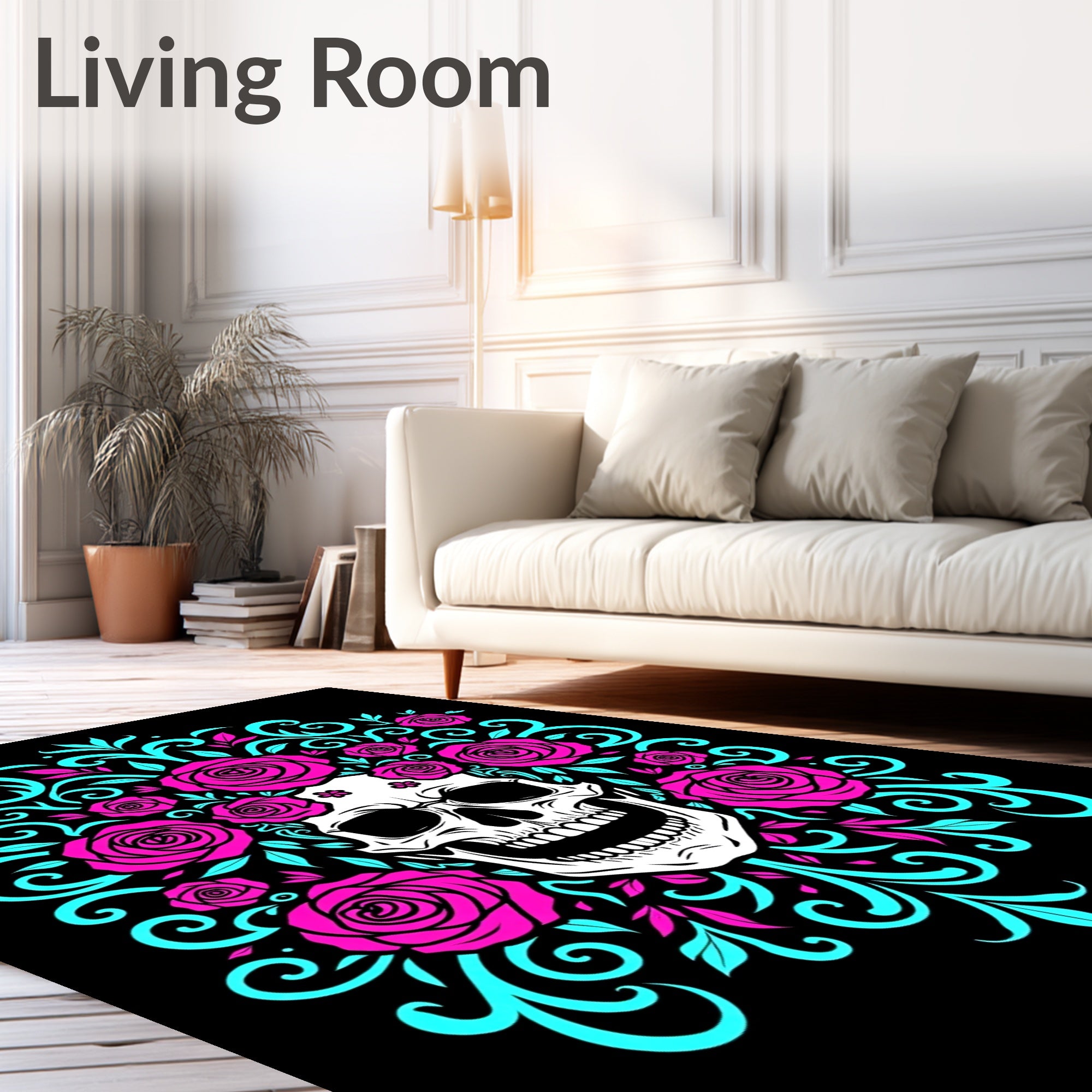 Vibrant Pink Rose Skull Swirls Rug