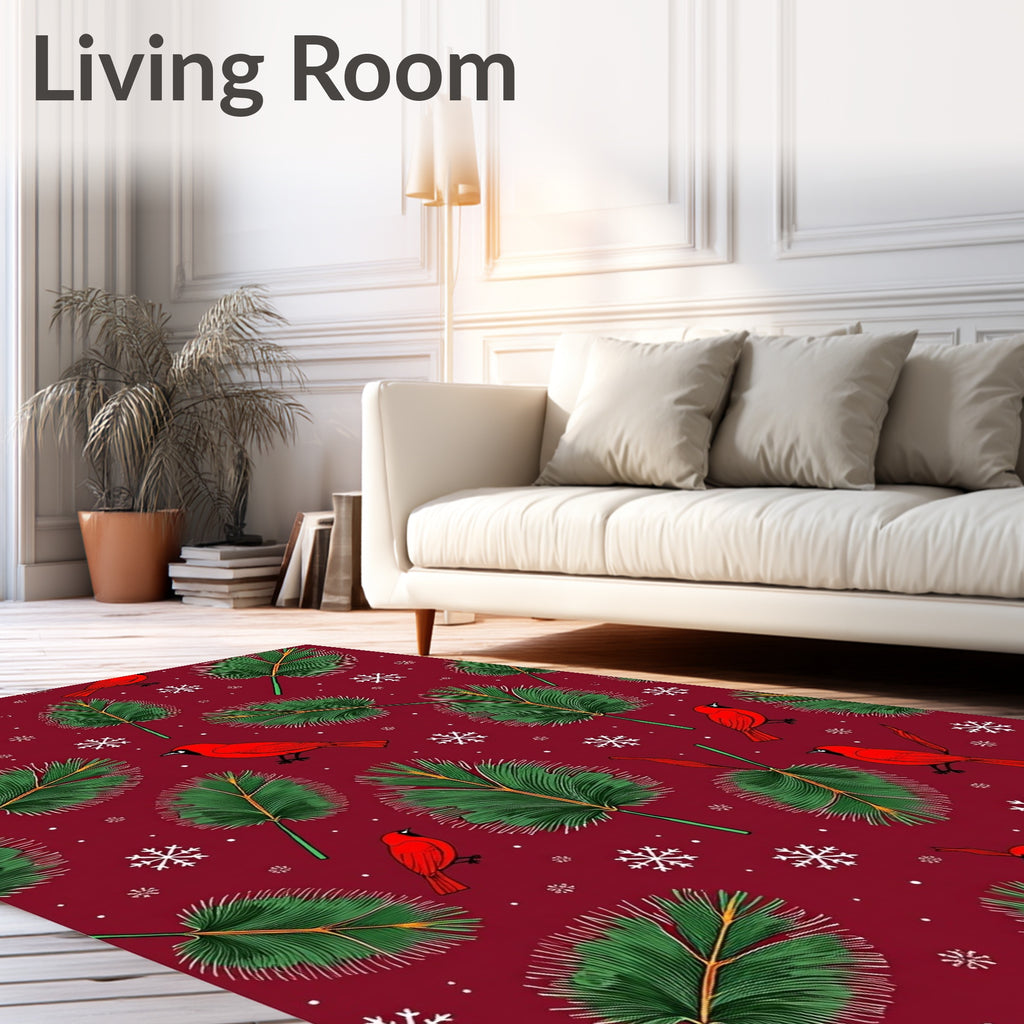 Red Cardinal Green Pine Snowflake Background Rug