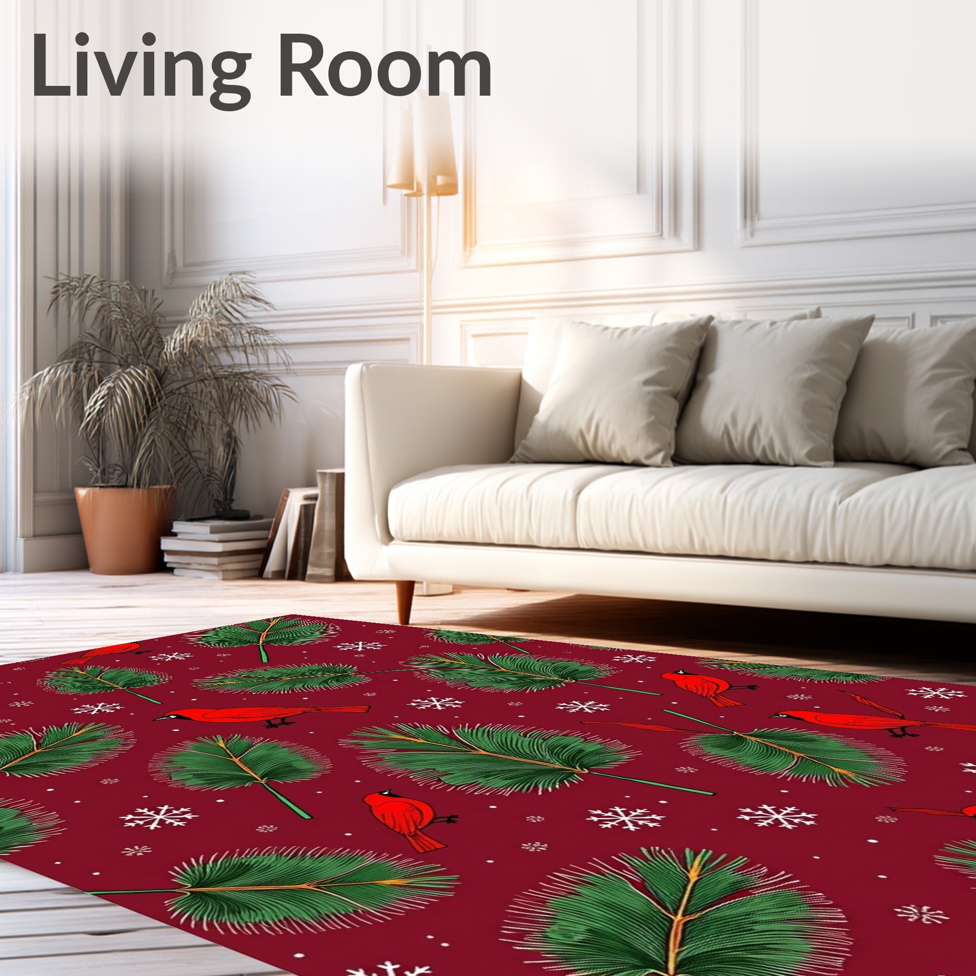 Red Cardinal Green Pine Snowflake Background Rug