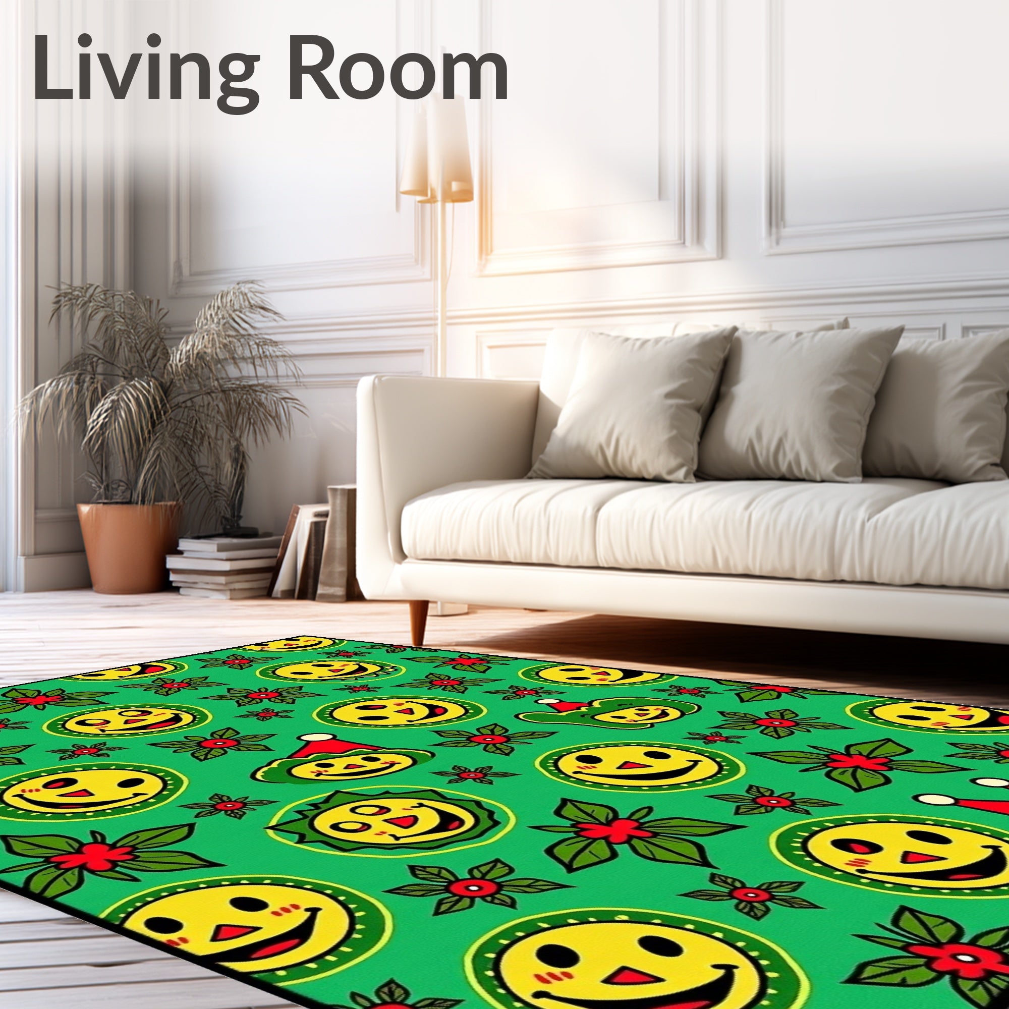Whimsical Smiley Face Christmas Floral Rug