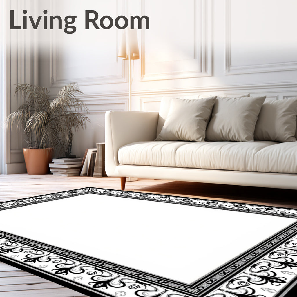 Classic Black White Ornate Border Rug