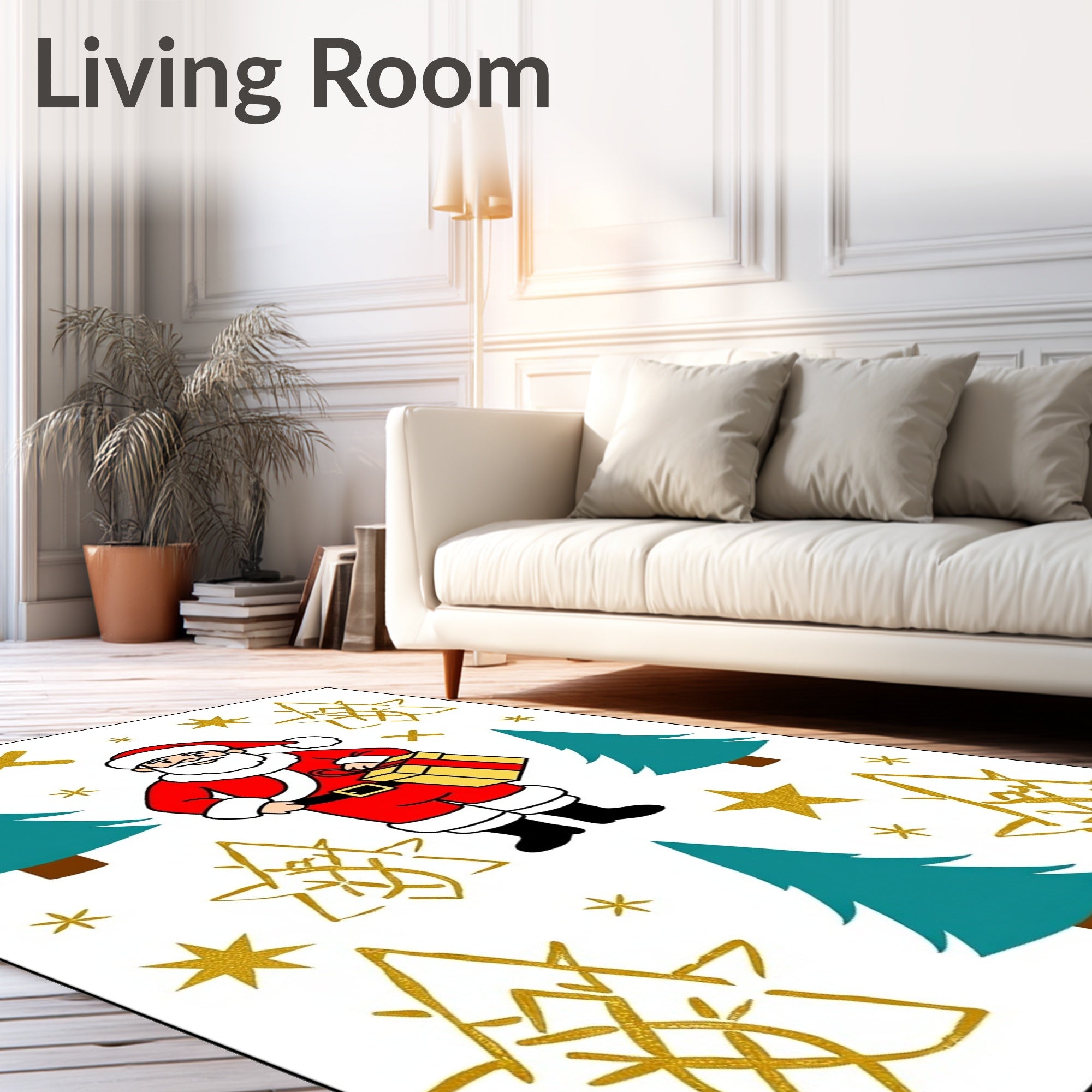 Festive Red Santa Gold Star Trees Rug