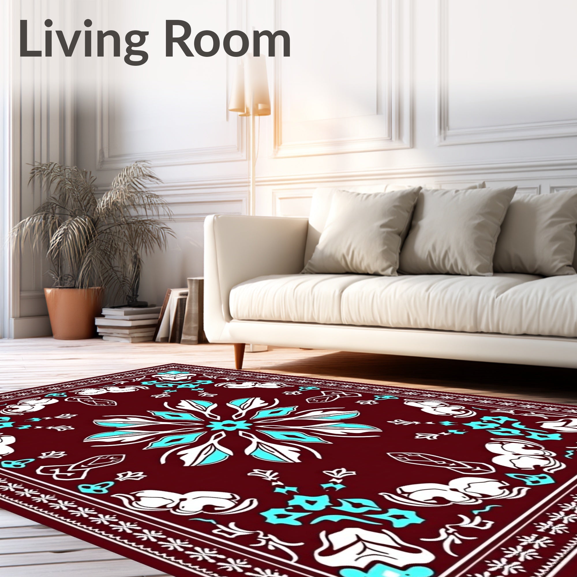Deep Red Blue White Floral Mandala Rug