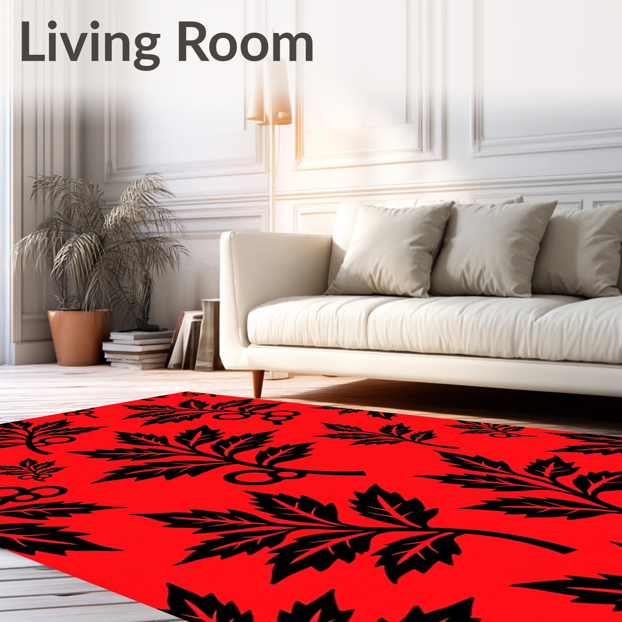 Bold Black Leaf Vine Red Background Rug
