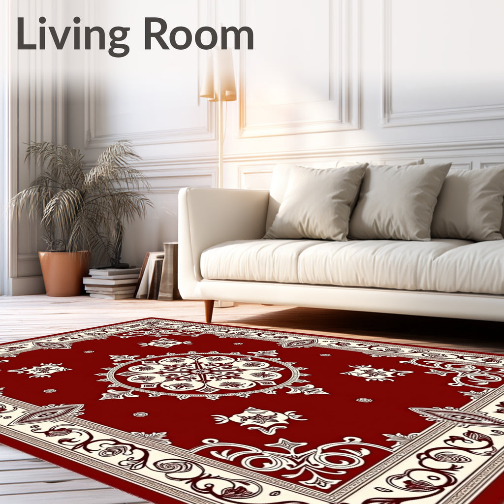 Crimson Ivory Floral Medallion Border Rug