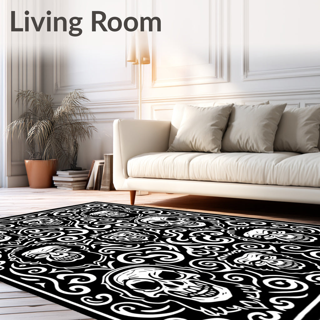 Black White Spooky Skull Horror Medallion Rug