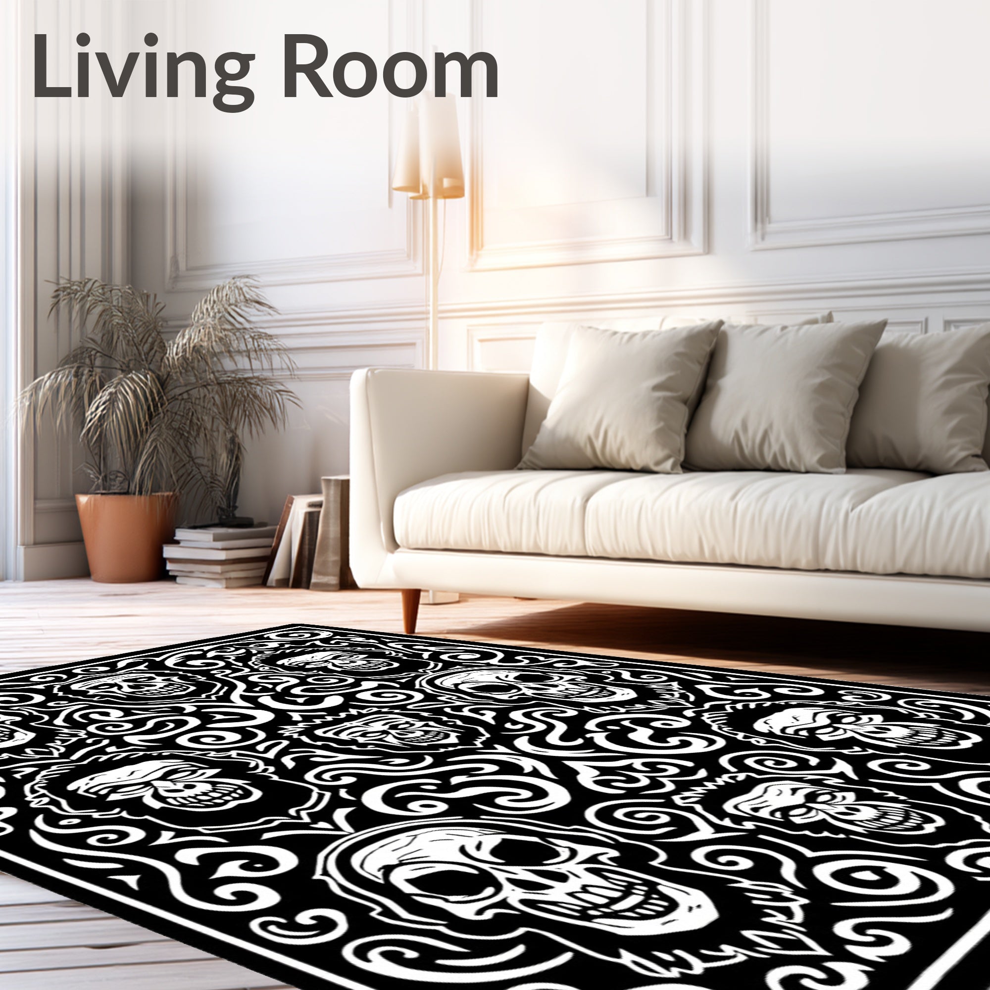 Black White Spooky Skull Horror Medallion Rug