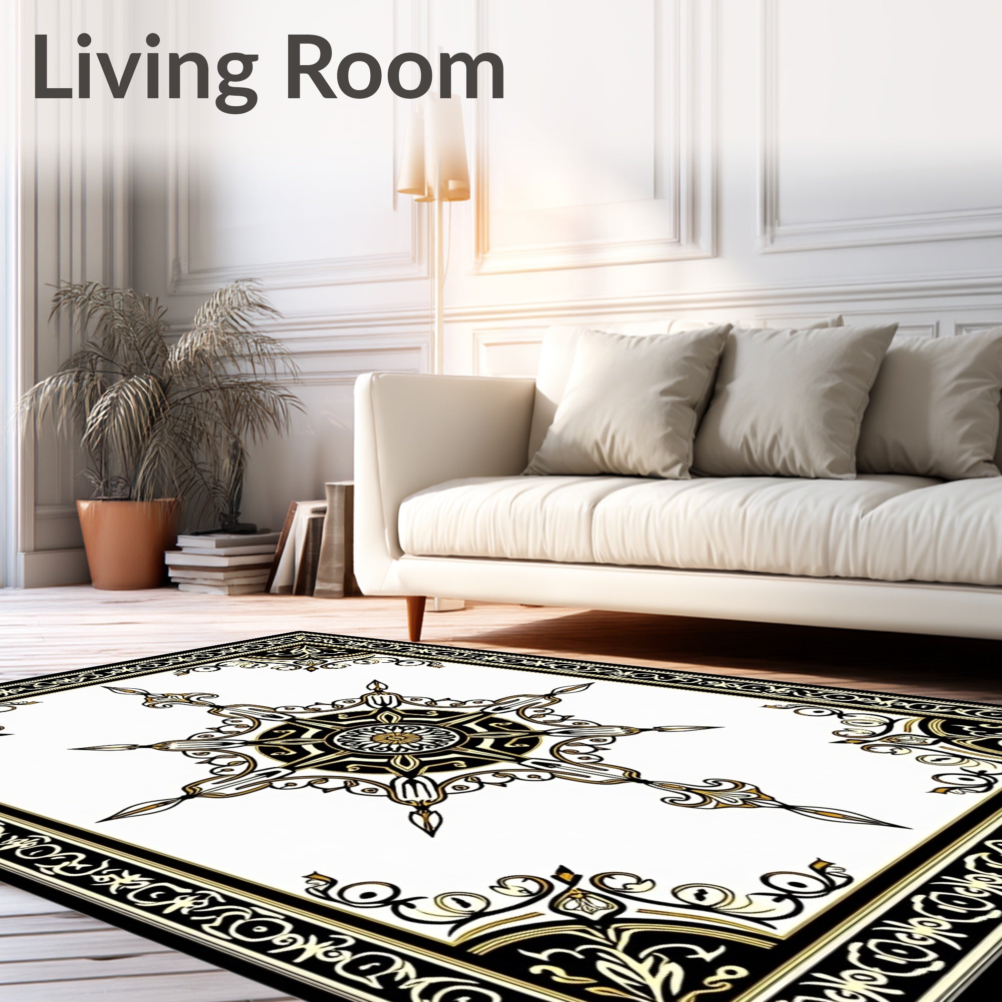Ornate Black and Gold Starburst Frame Rug