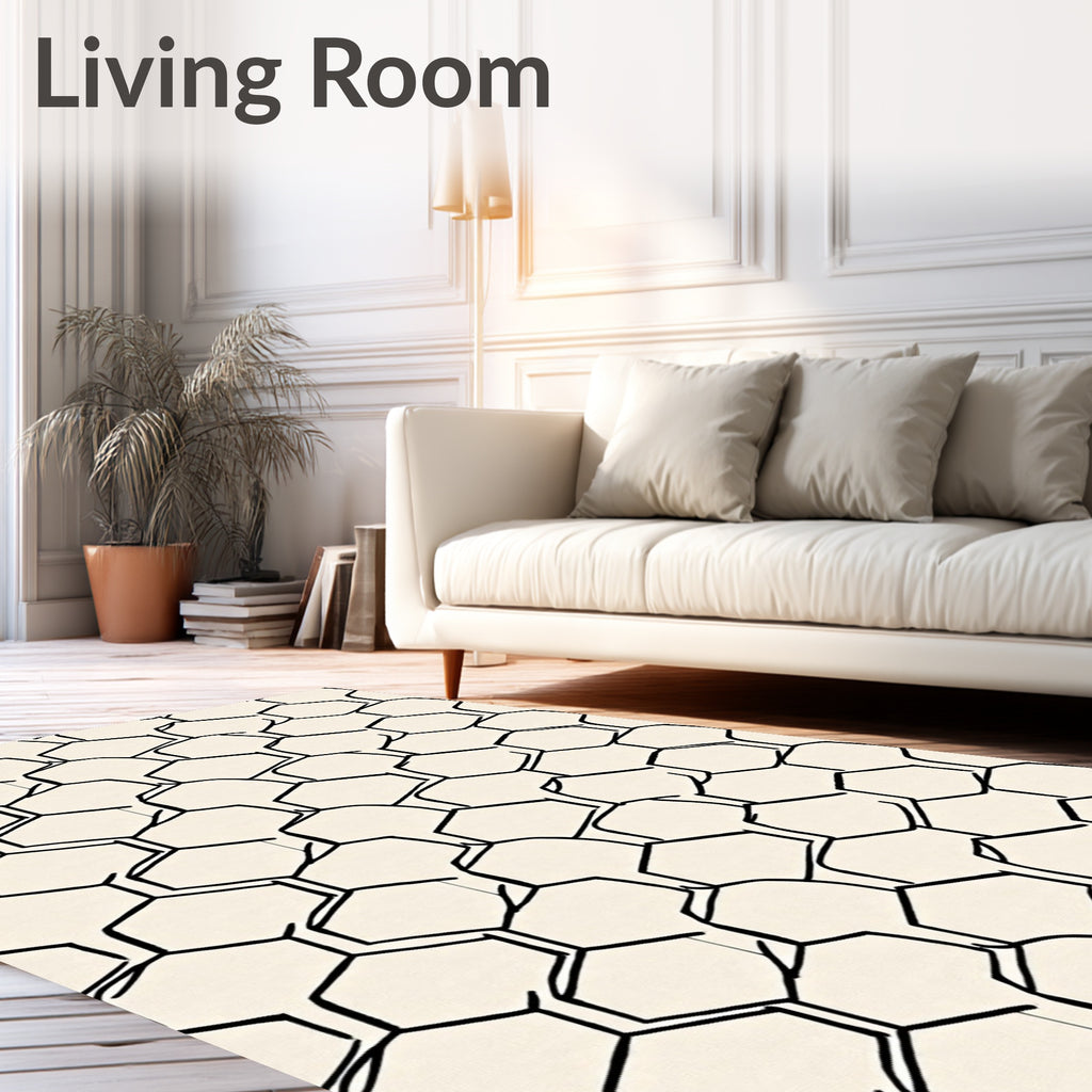 Cream Black Hexagonal Organic Grid Rug