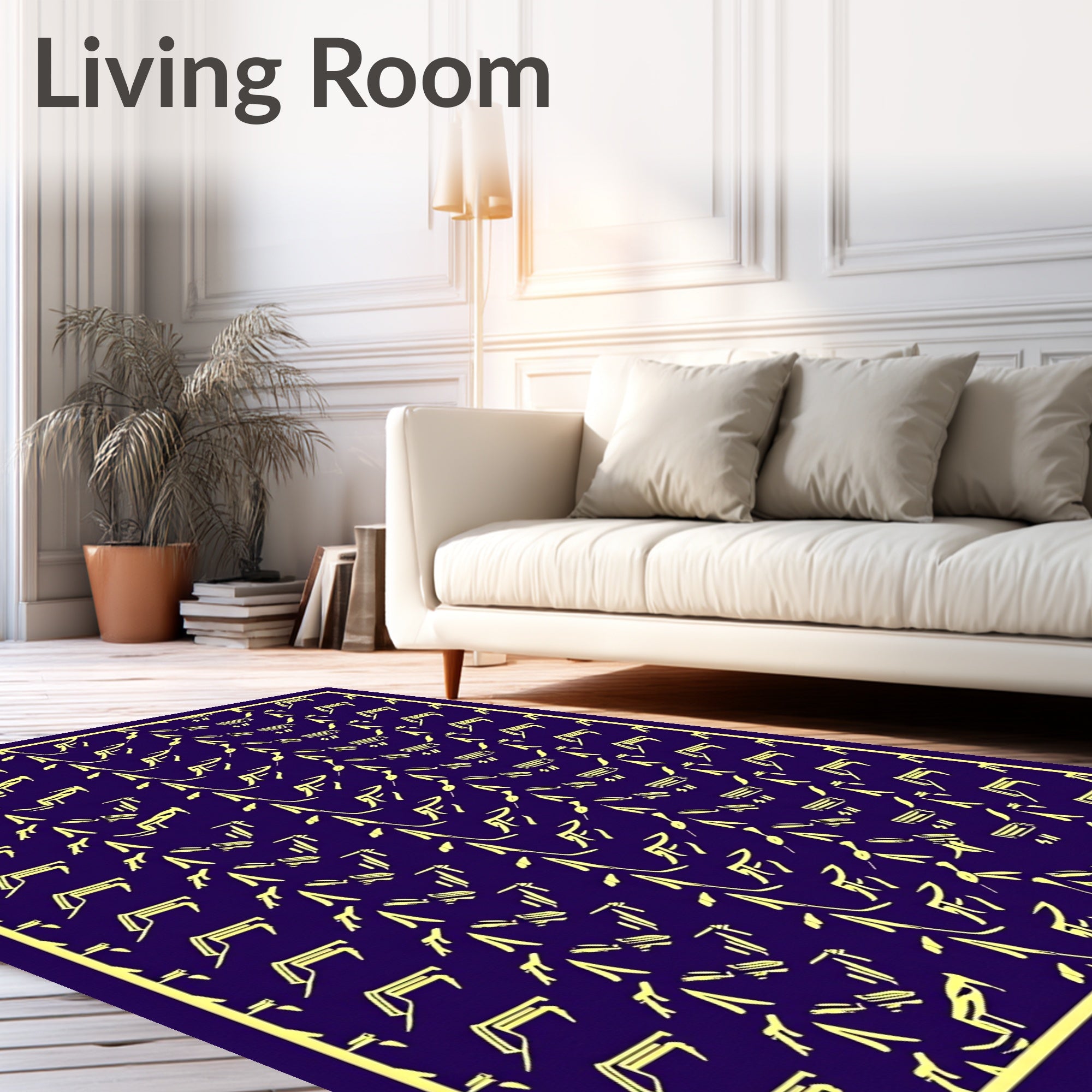 Deep Purple Yellow Abstract Calligraphy Rug