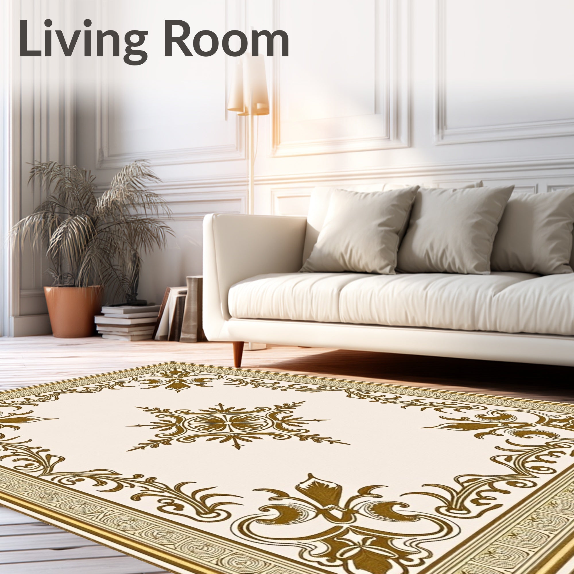 Golden Scrollwork Floral Centerpiece Rug