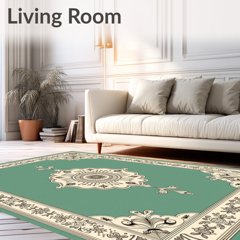 Elegant Teal Medallion Floral Border Rug