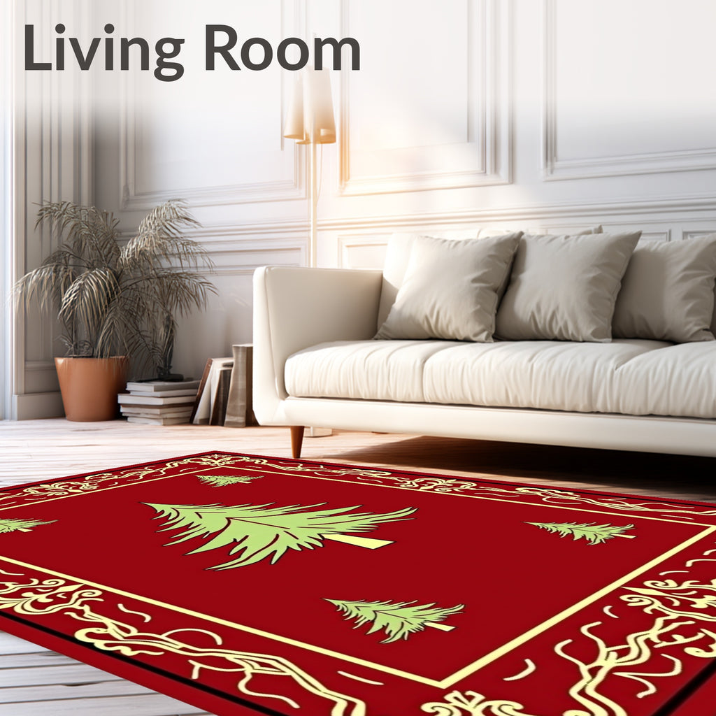 Festive Crimson Pine Forest Border Rug