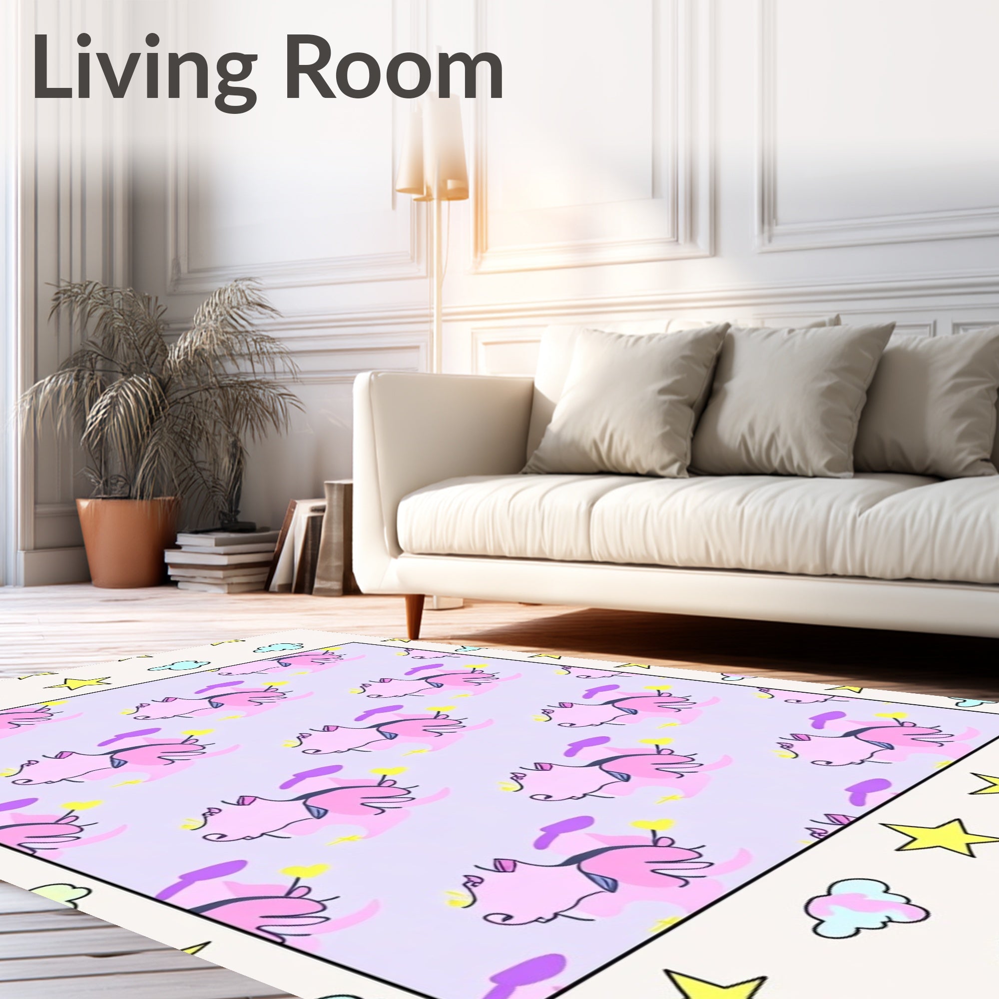 Whimsical Pink Unicorn Cloud Stars Rug