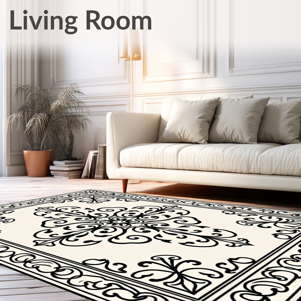 Ornate Cream Black Floral Medallion Rug