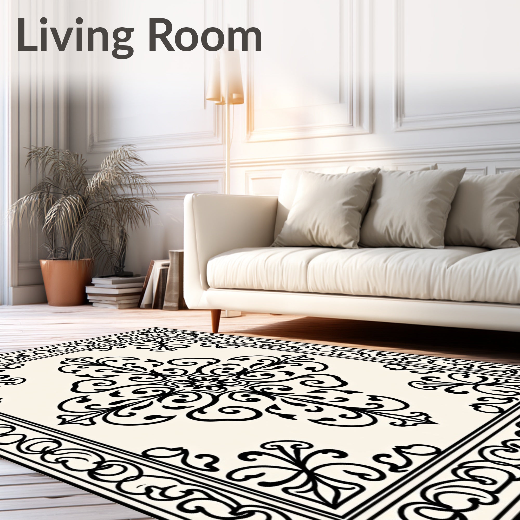 Ornate Cream Black Floral Medallion Rug