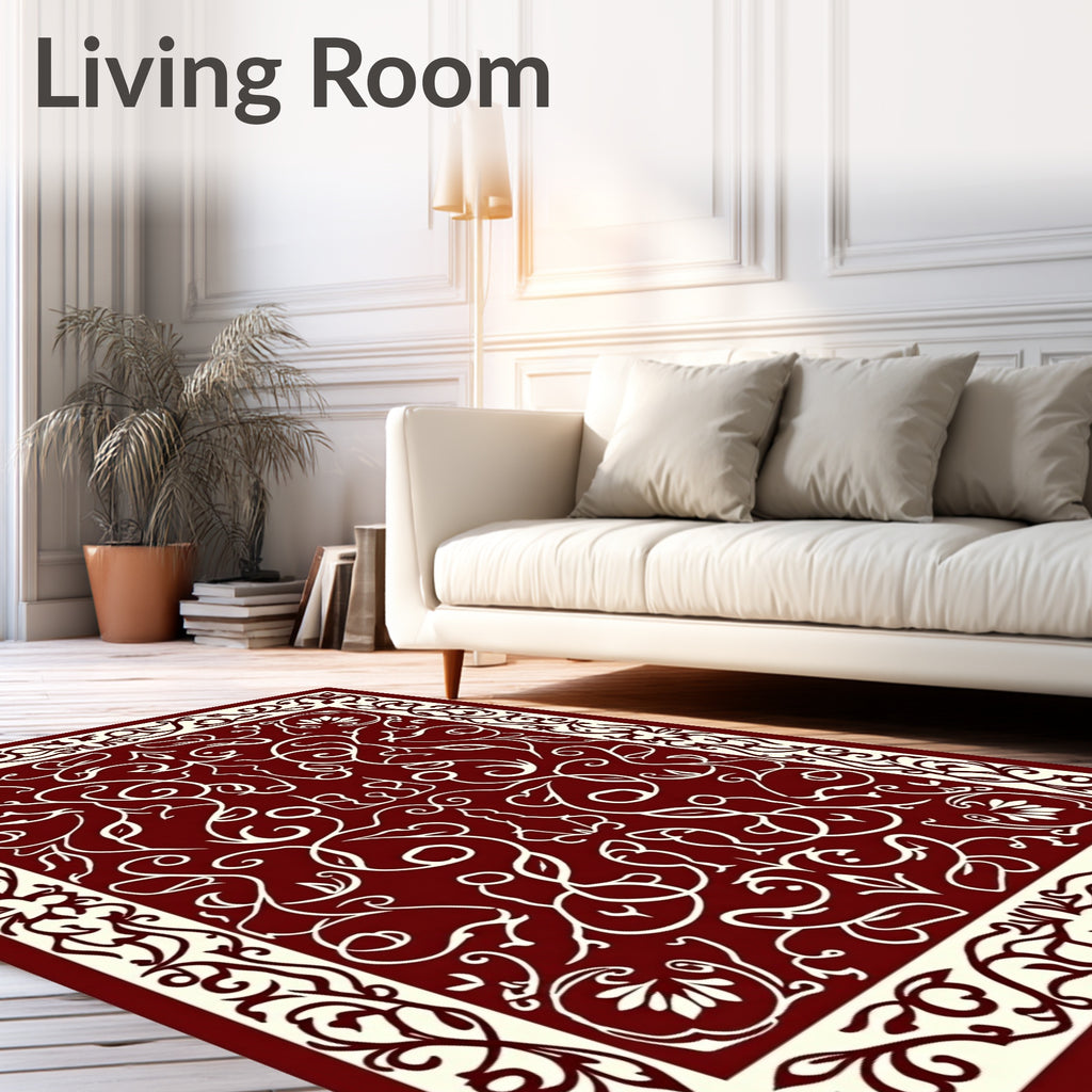 Rich Crimson Intricate Floral Border Rug