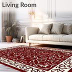 Rich Crimson Intricate Floral Border Rug