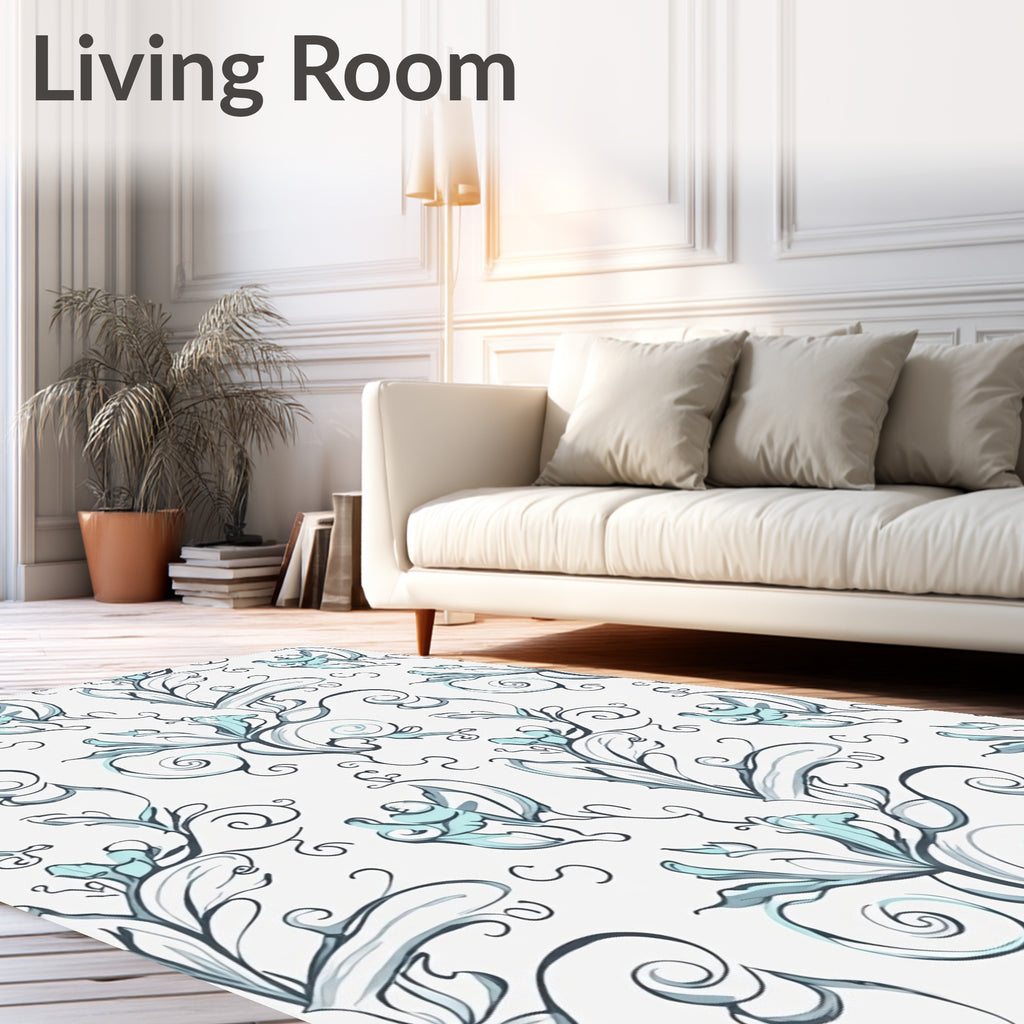 Aqua Floral Scrollwork Swirls Rug