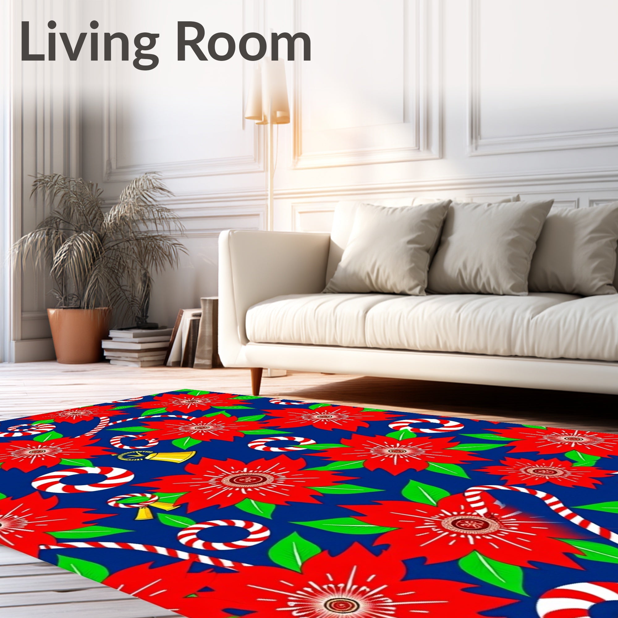 Red Poinsettia Candy Cane Bell Collage Rug