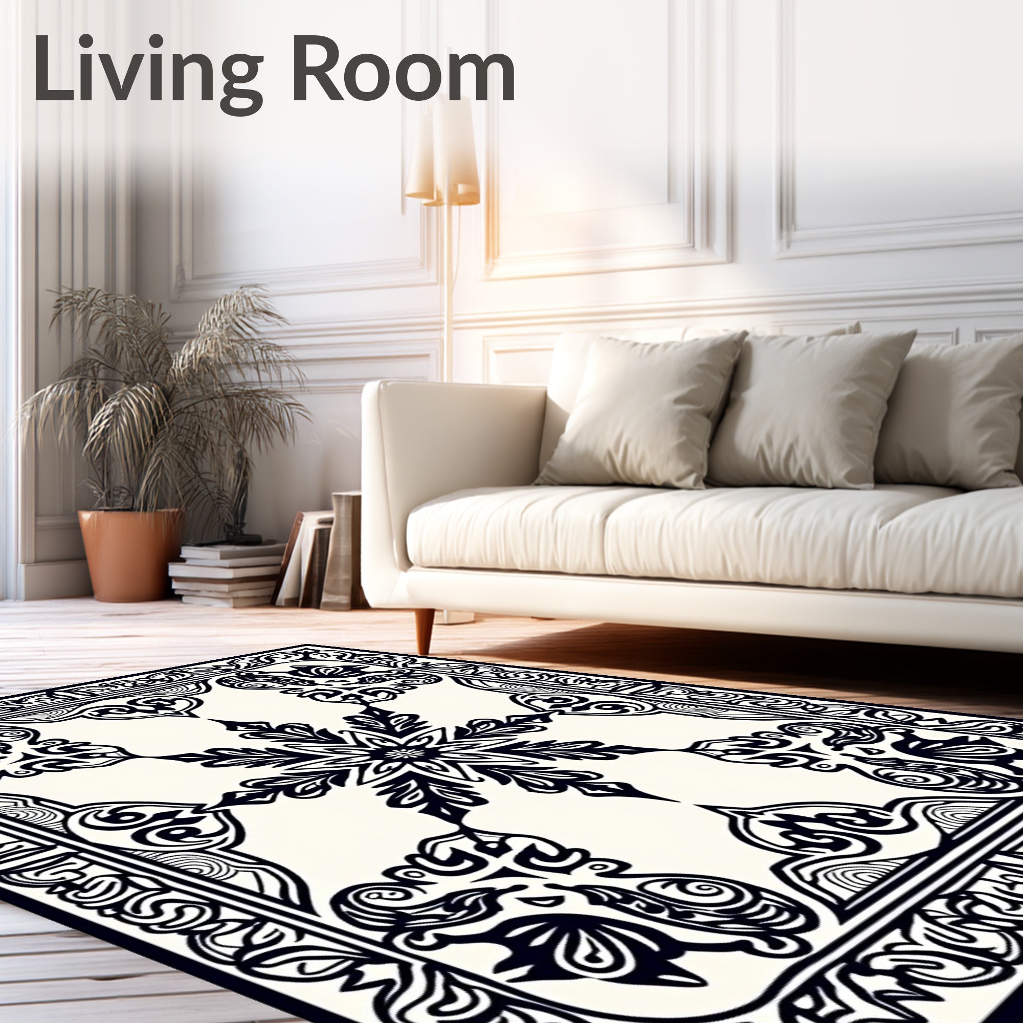 Ornate Black Floral Medallion Border Rug