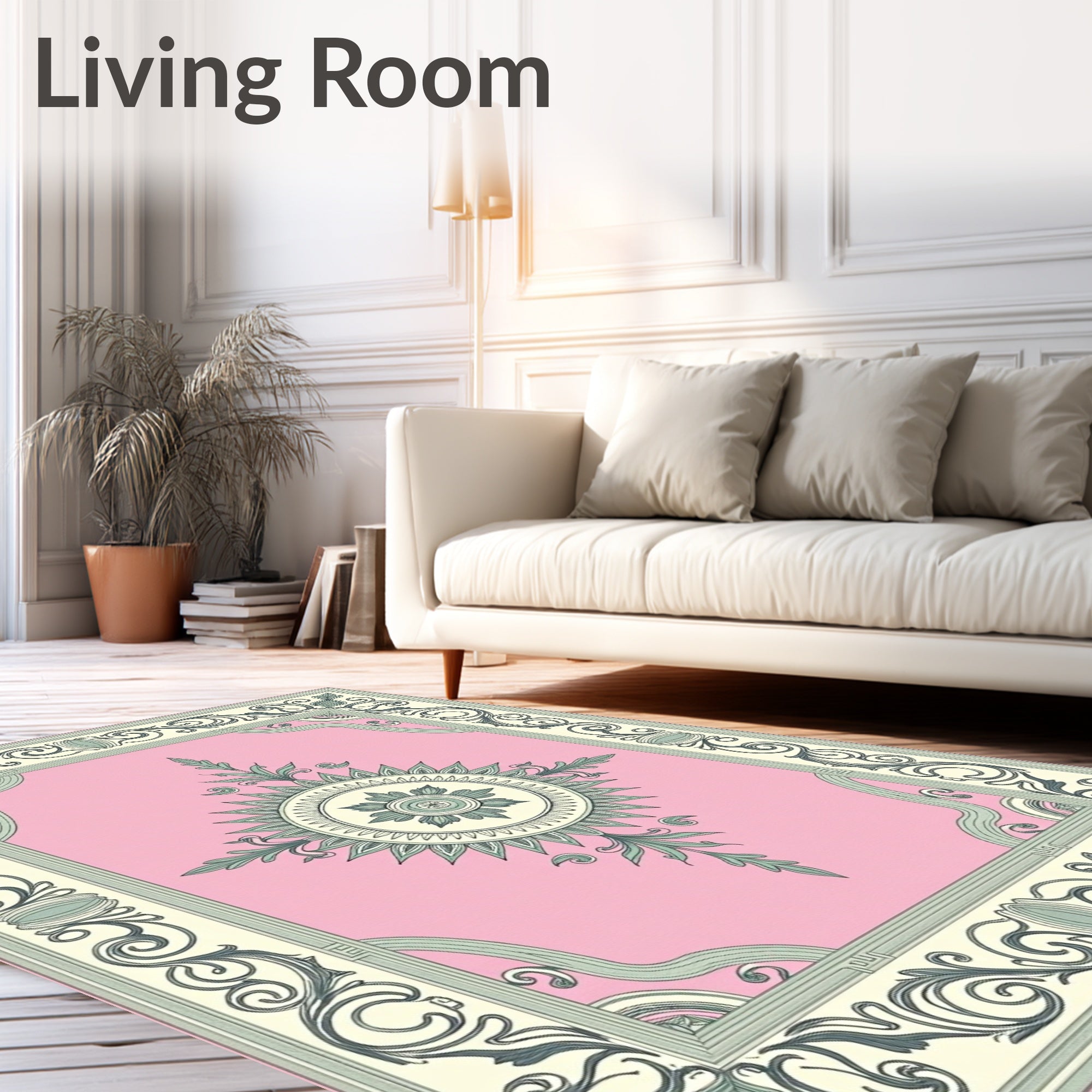 Pink Green Floral Sunburst Frame Rug