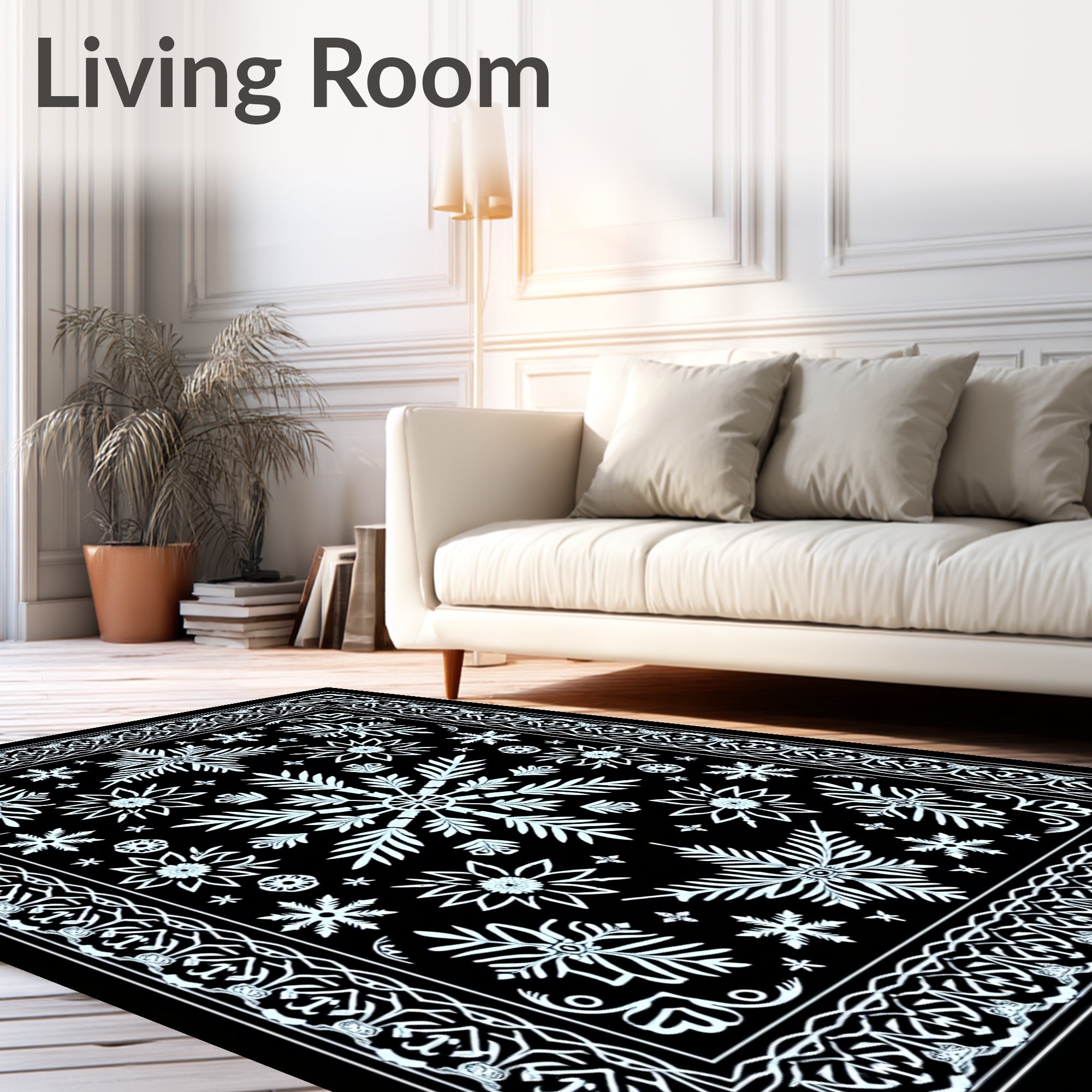 Monochrome Snowflake Medallion Border Rug
