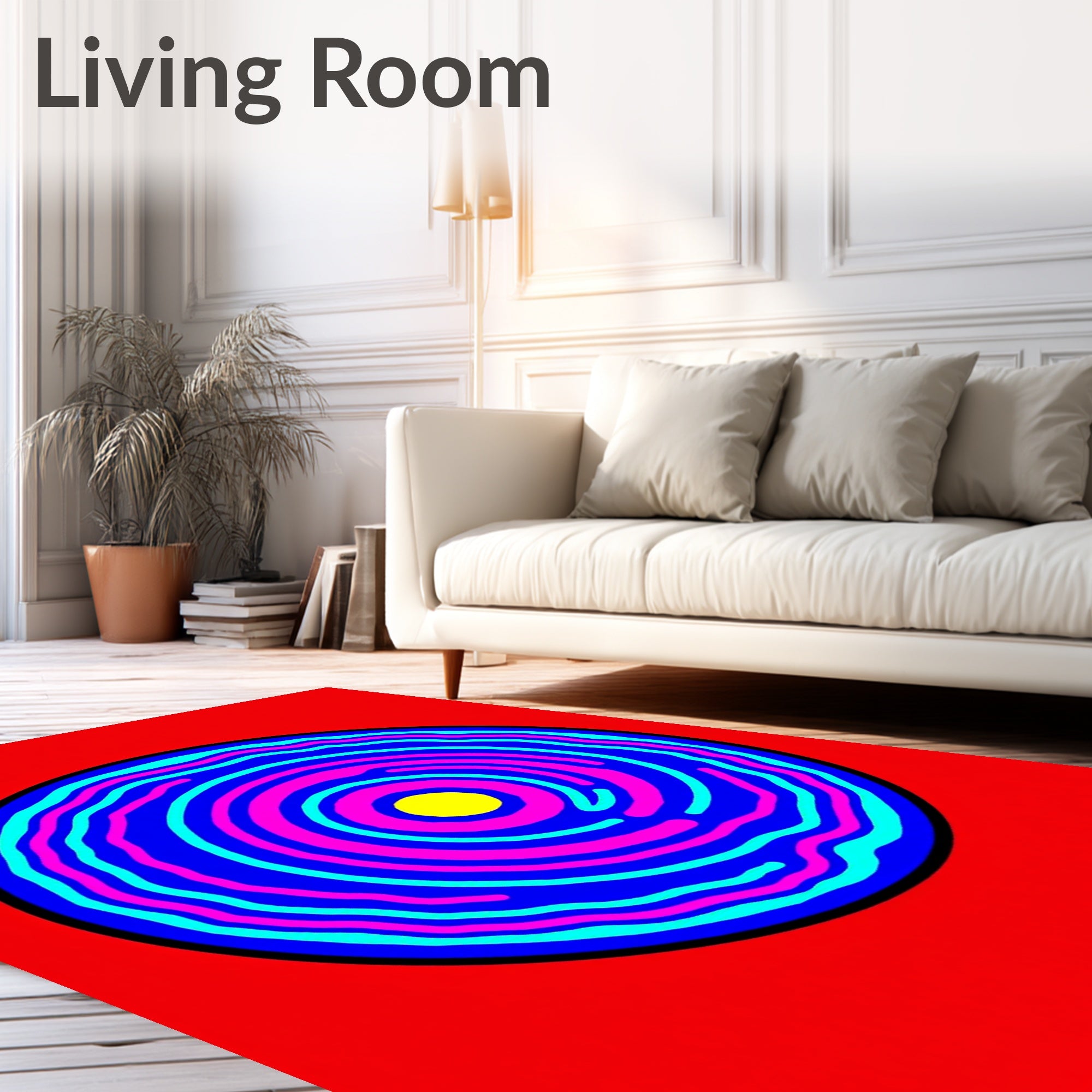 Vibrant Blue Pink Yellow Concentric Waves Rug