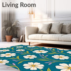 Teal White Daisy Floral Garden Rug