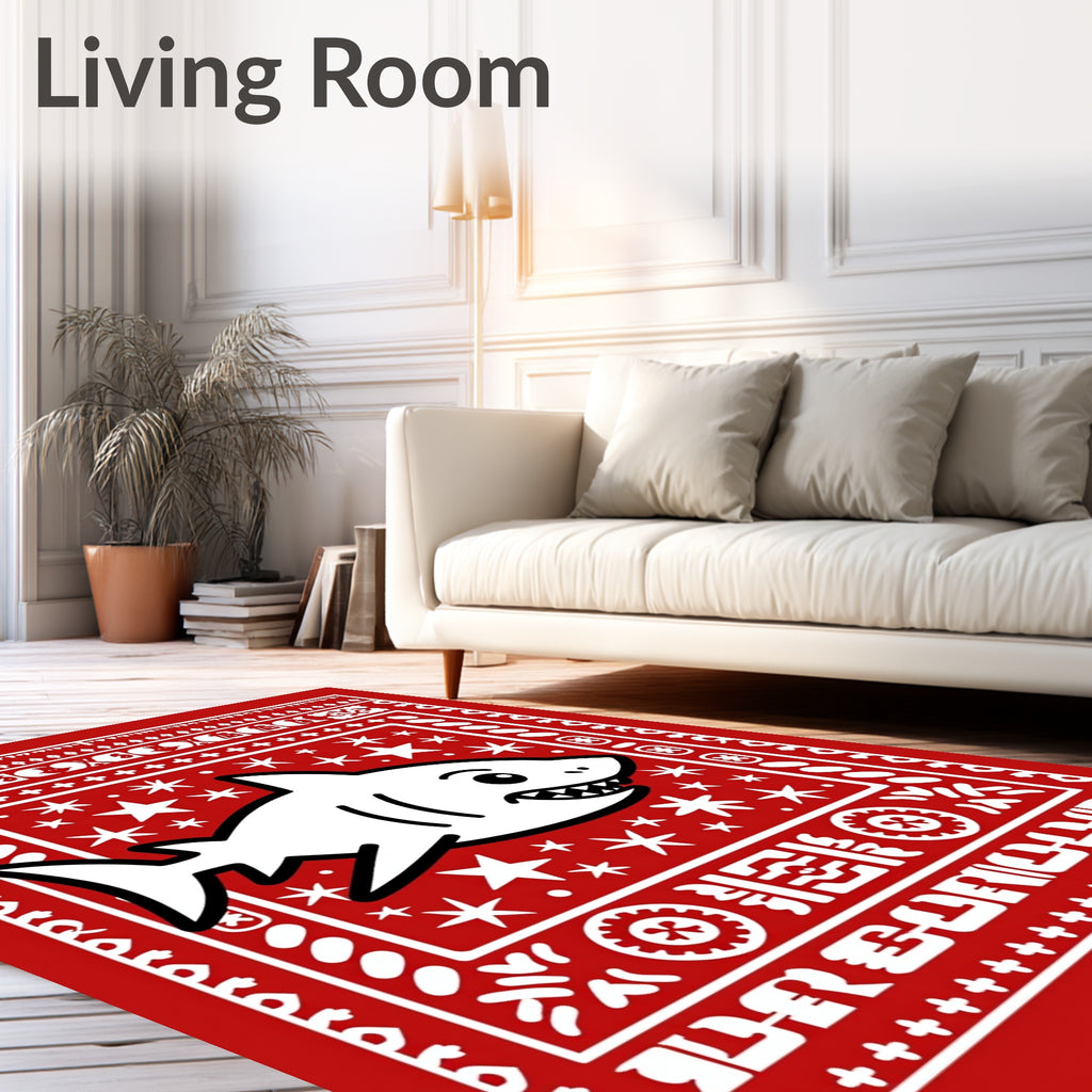 Red White Cartoon Shark Starry Night Rug