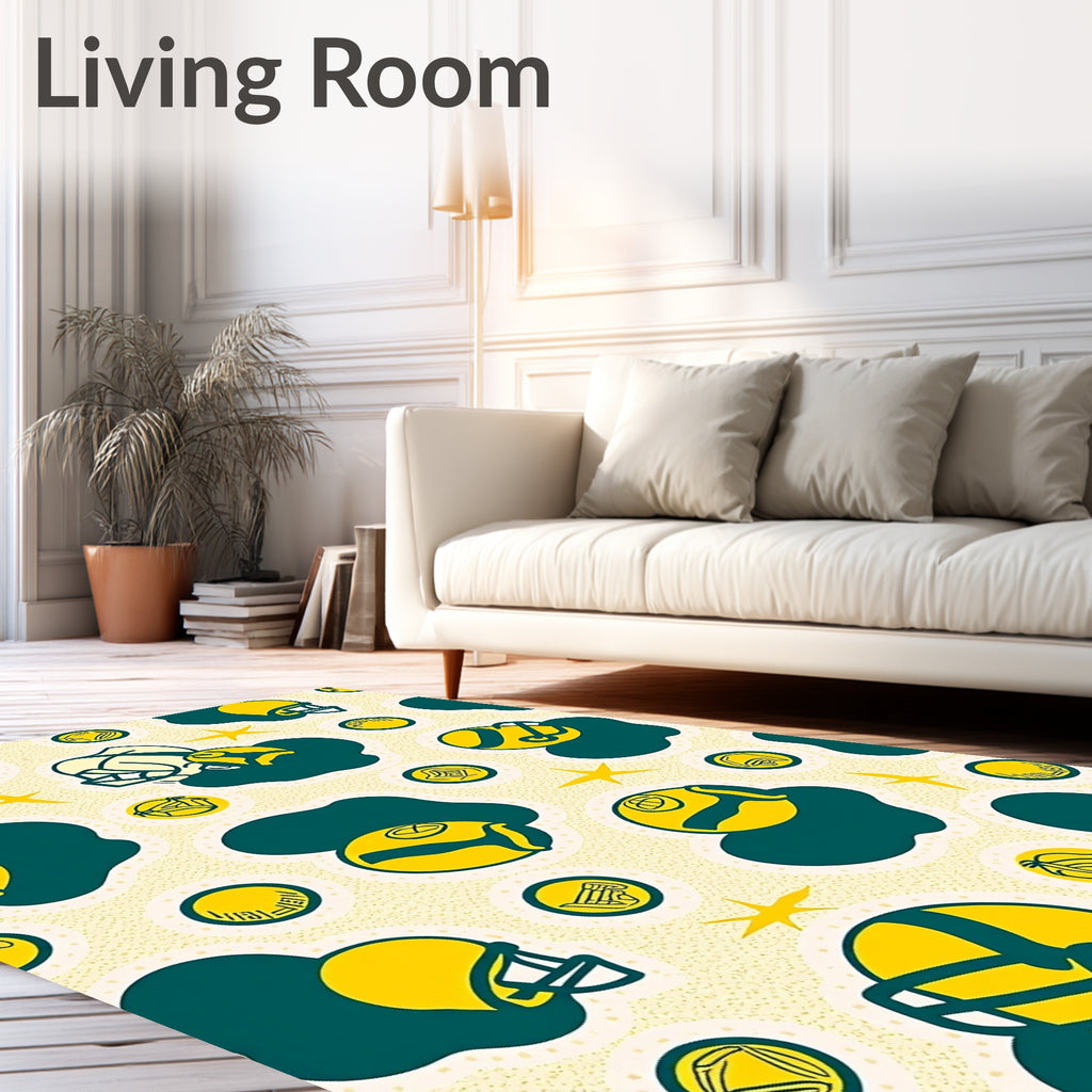 Yellow Football Helmets Green Blobs Rug