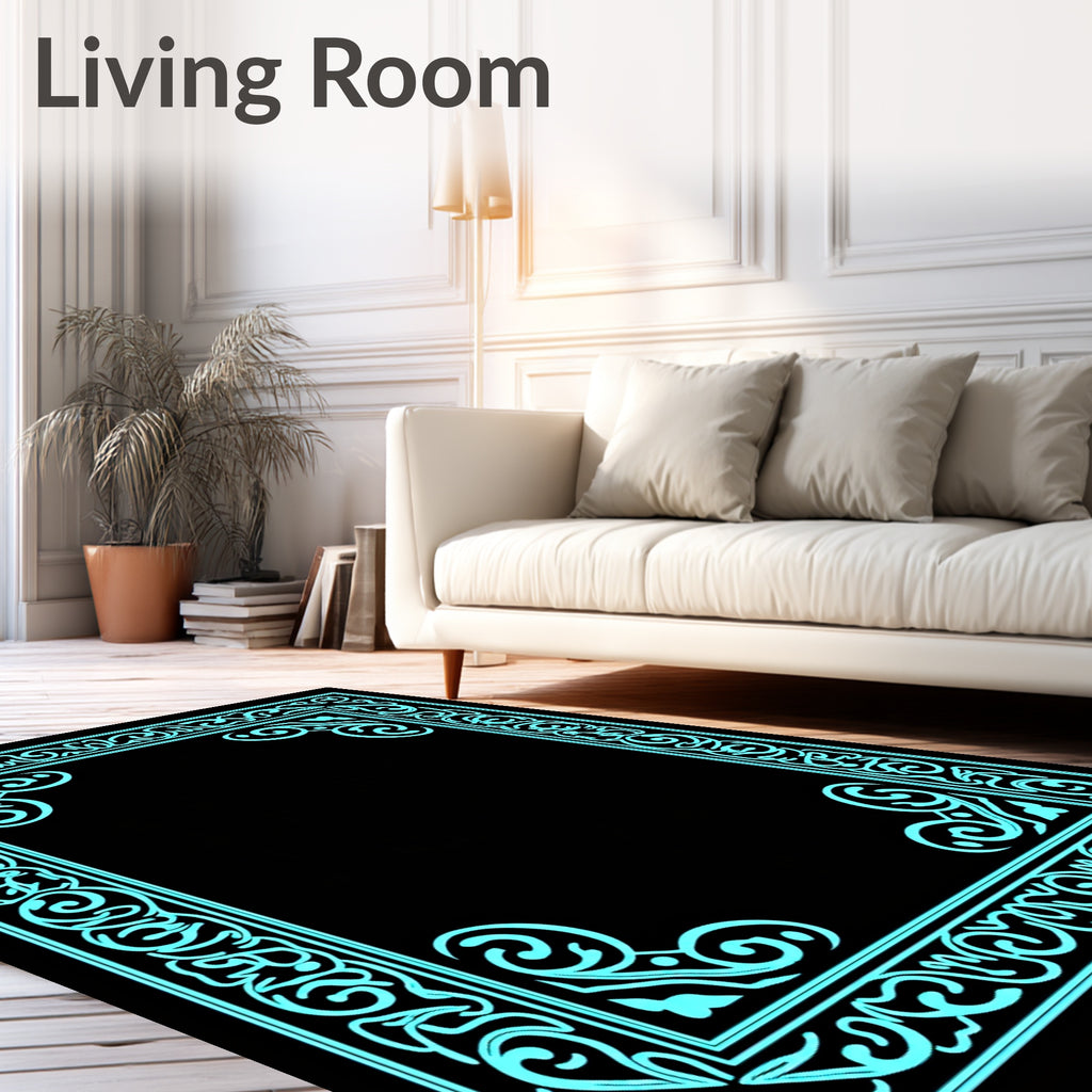 Turquoise Ornate Scrollwork Border Rug