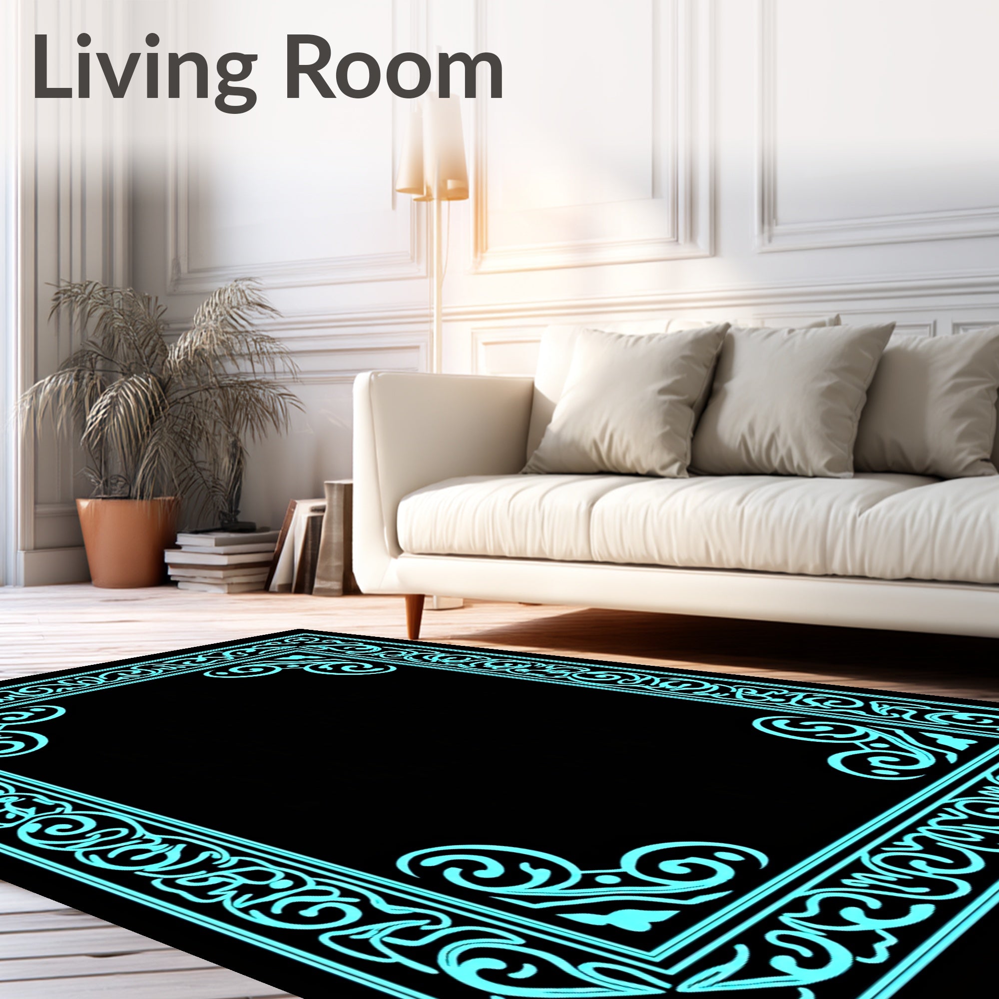 Turquoise Ornate Scrollwork Border Rug