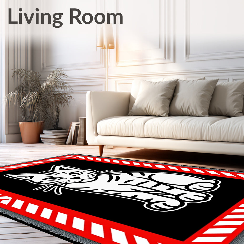 Bold White Cat Black Red Stripes Rug