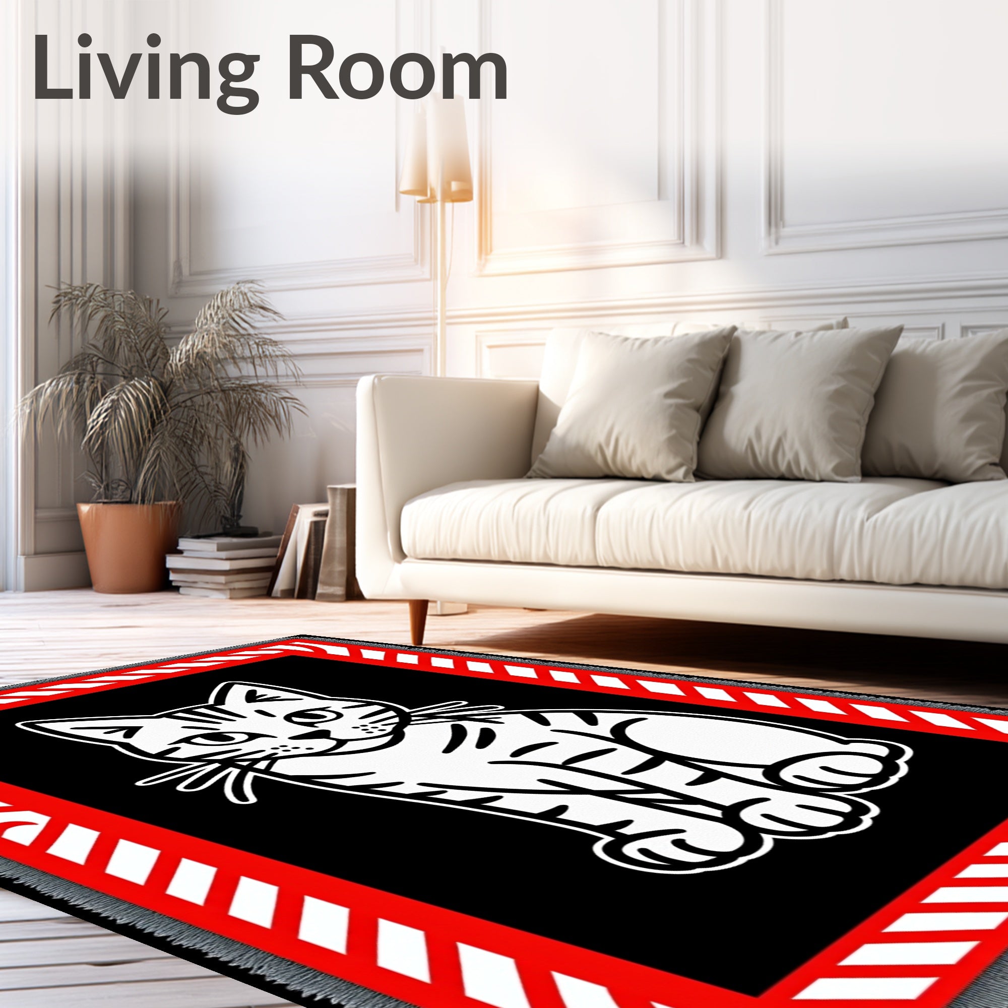 Bold White Cat Black Red Stripes Rug