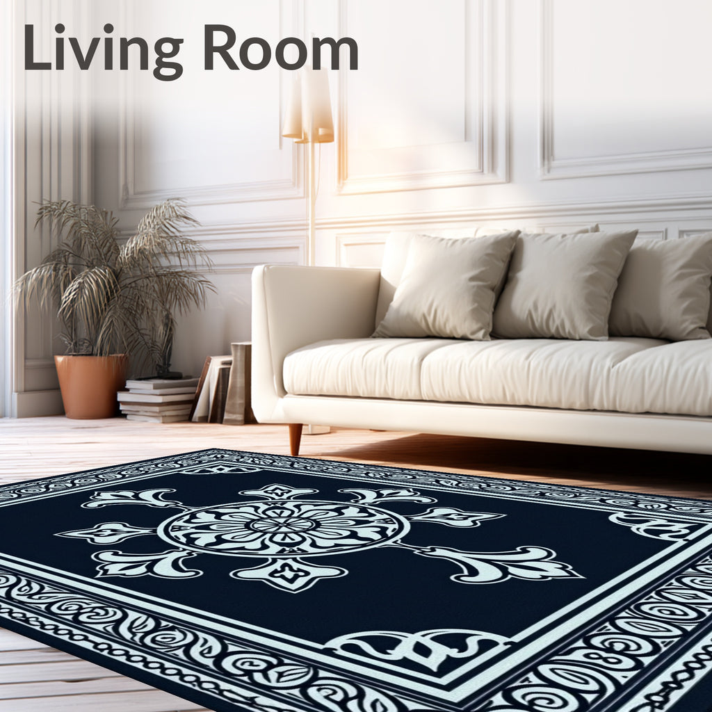 Deep Navy Floral Medallion Border Rug