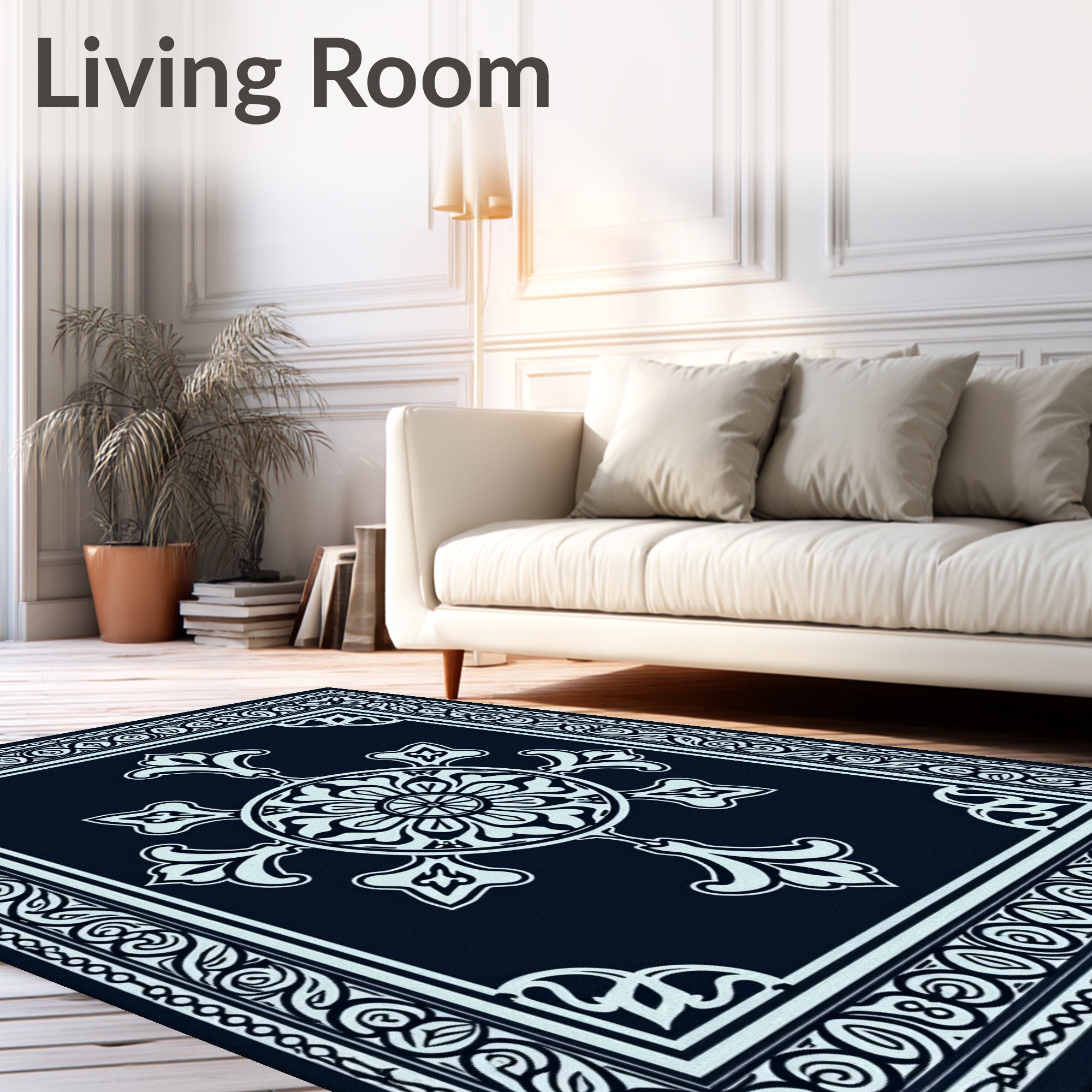 Deep Navy Floral Medallion Border Rug