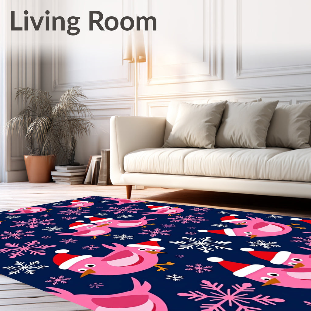 Pink Festive Birds Snowflakes Navy Rug