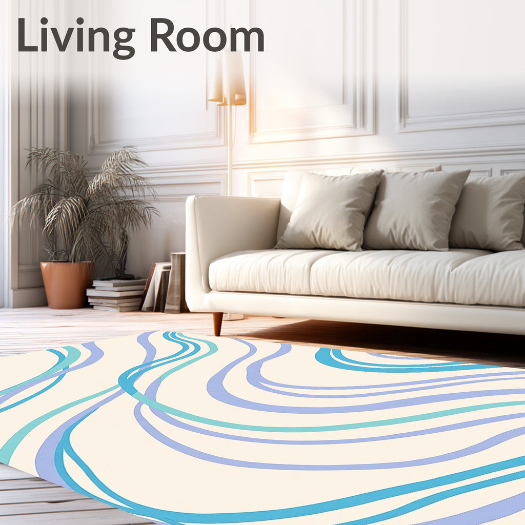 Cream Blue Swirls Flowing Lines Rug