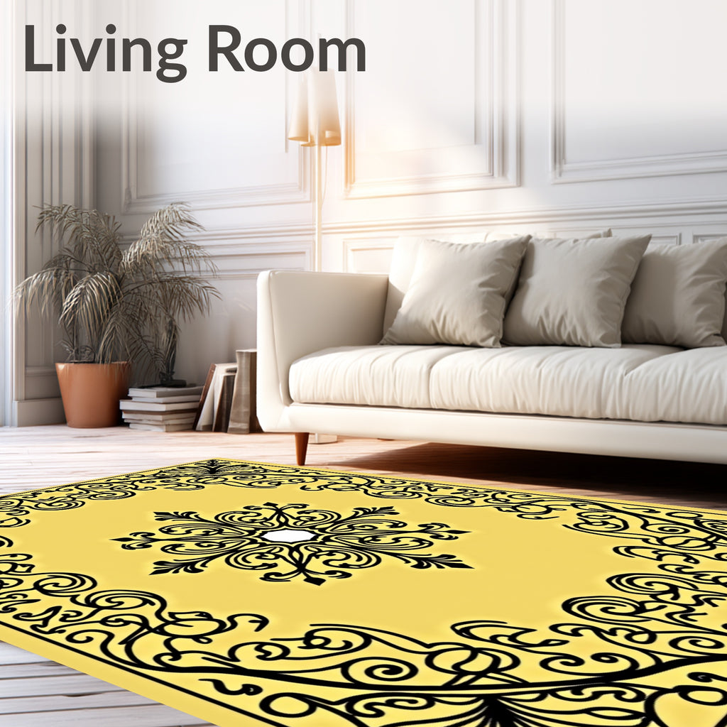 Yellow Black Scrollwork Medallion Frame Rug