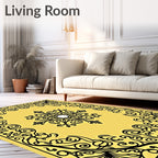Yellow Black Scrollwork Medallion Frame Rug