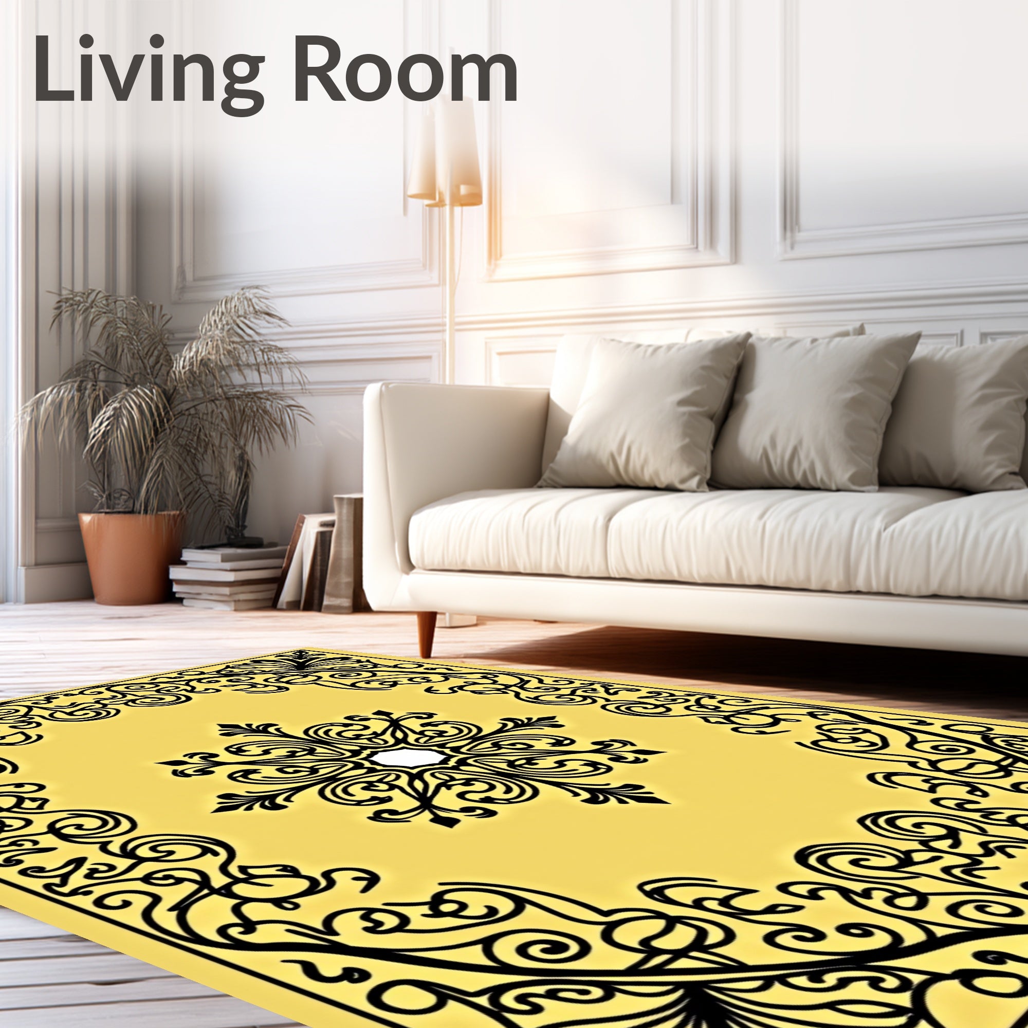 Yellow Black Scrollwork Medallion Frame Rug